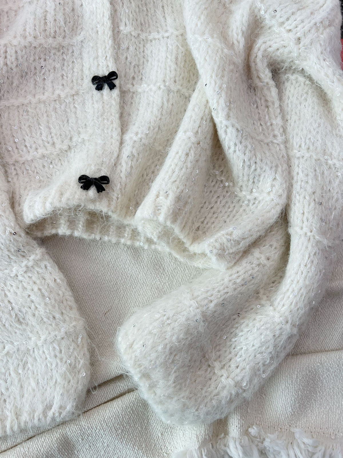 Cropped V Neck Bow Button Cardigan - White - 1