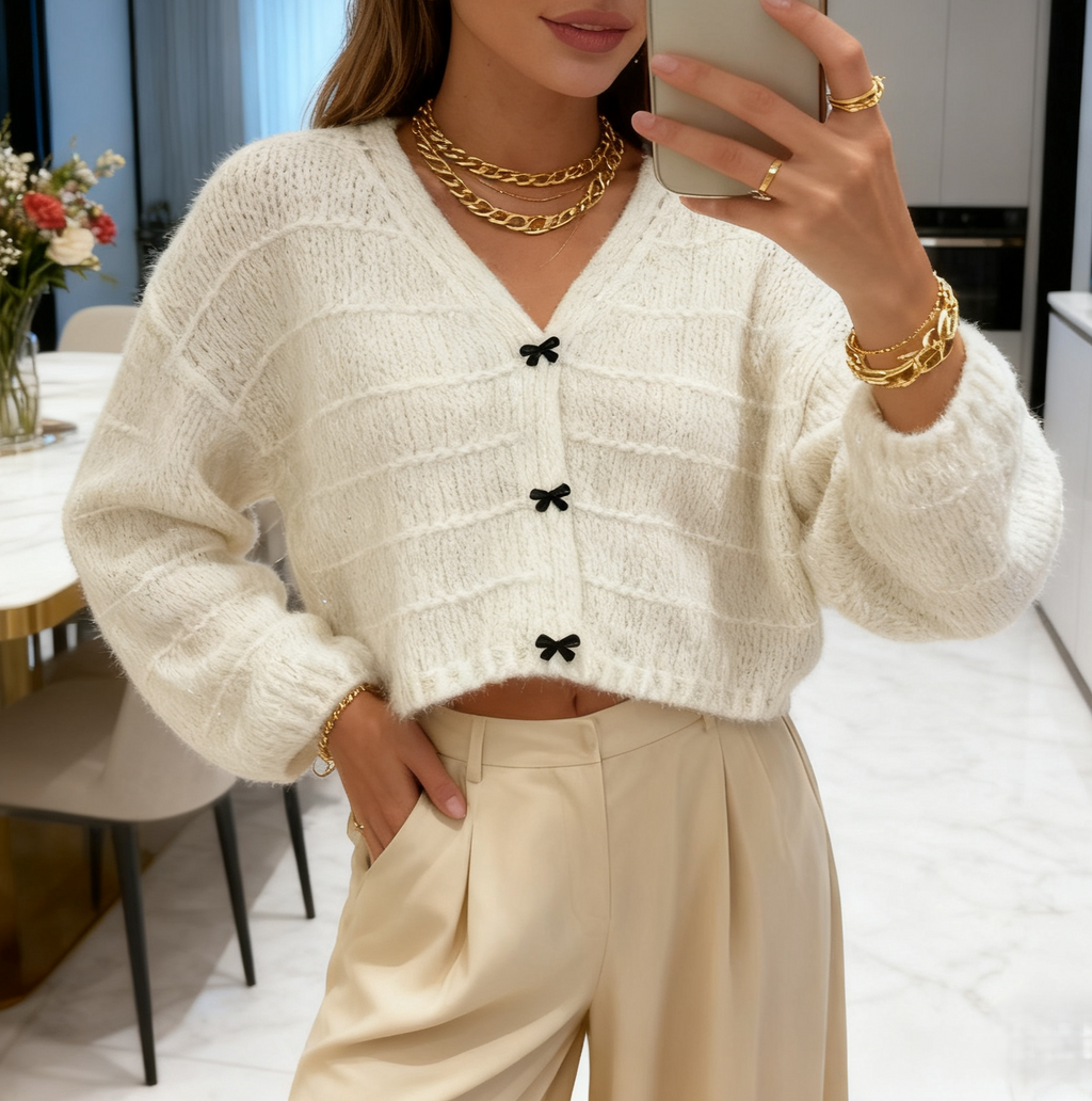 Cropped V Neck Bow Button Cardigan - view 1