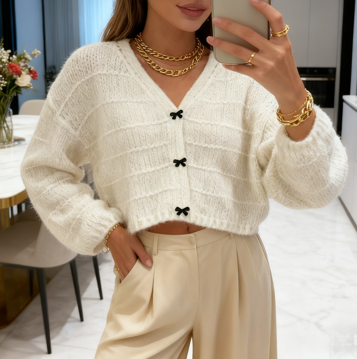 Cropped V Neck Bow Button Cardigan - view 1