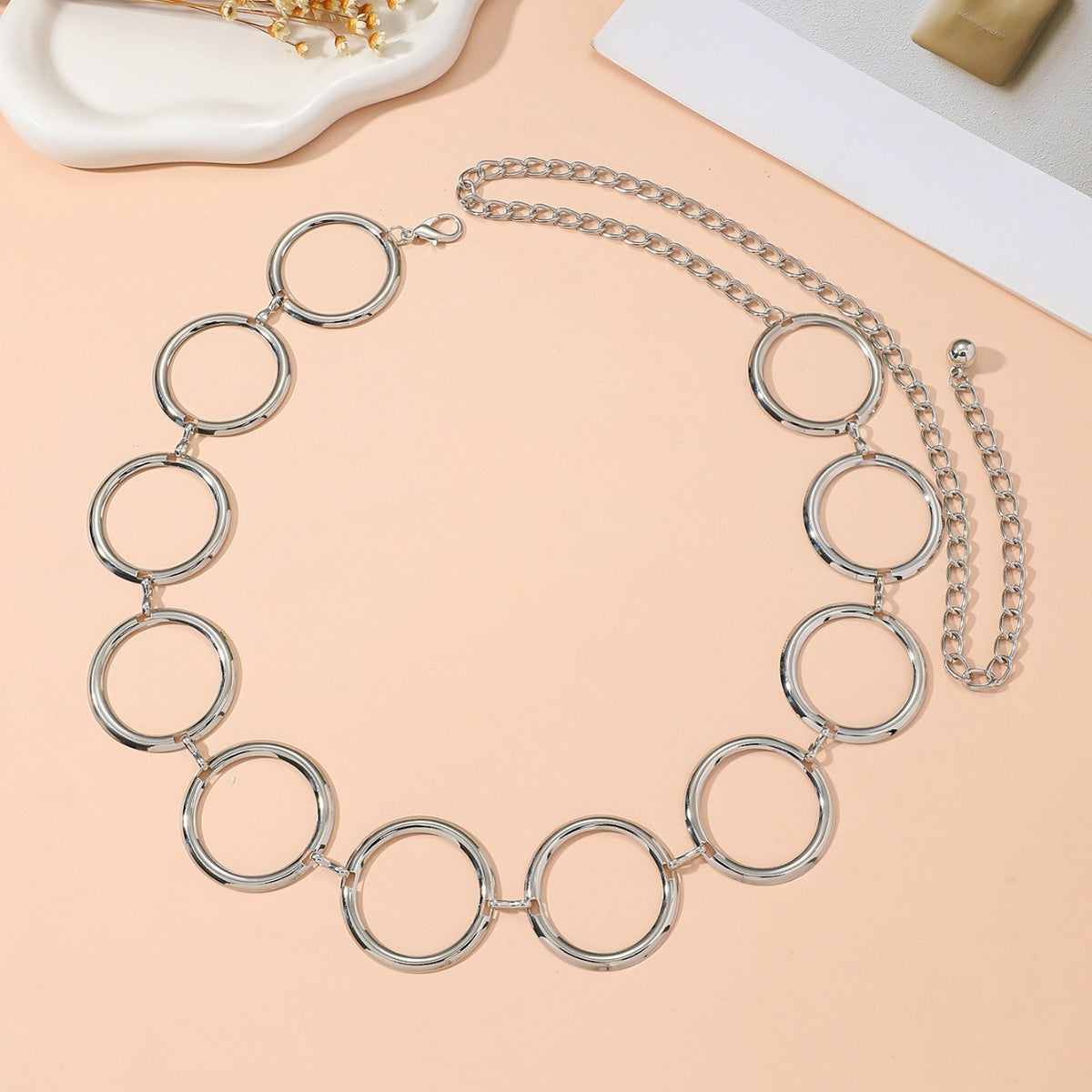 Polished Open Circle Link Adjustable Waist Chain - Silver