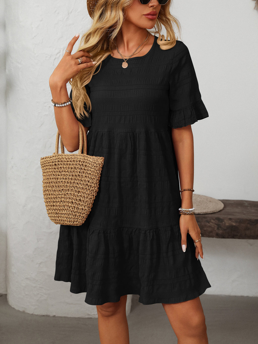 Tiered Ruffle Sleeve Mini Swing Dress - Black - 1