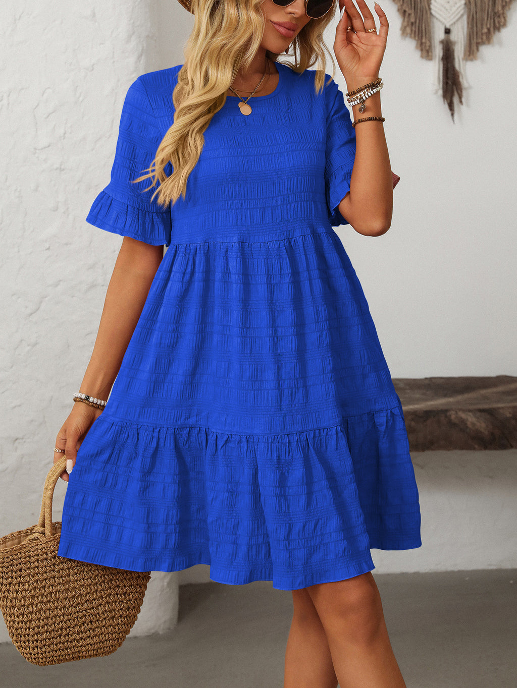 Tiered Ruffle Sleeve Mini Swing Dress - Blue - 1