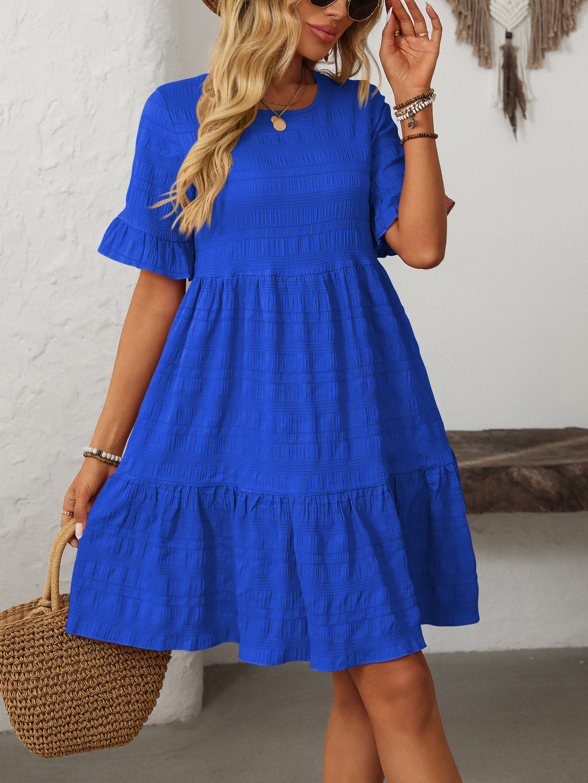 Tiered Ruffle Sleeve Mini Swing Dress - Blue - 1