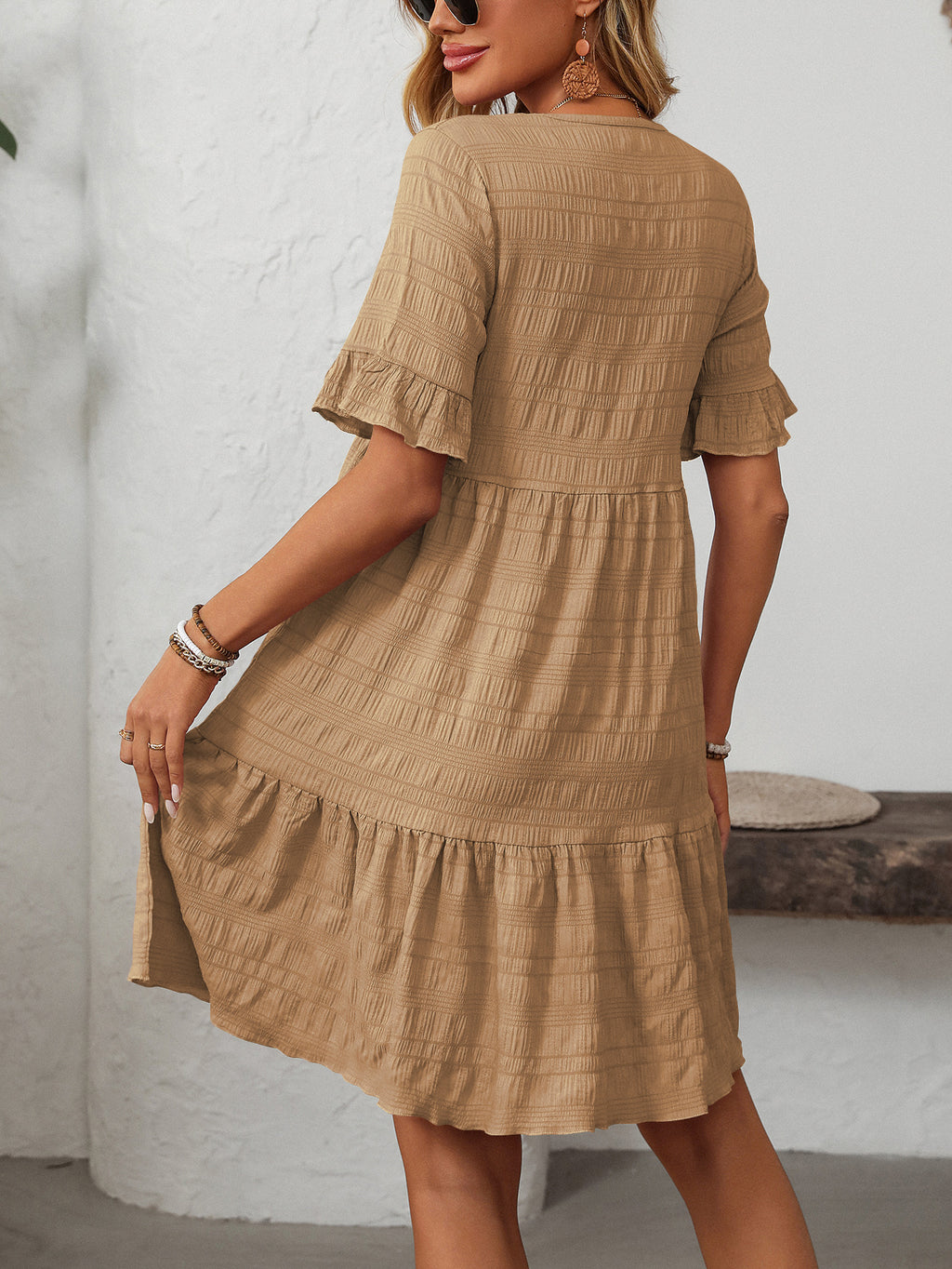 Tiered Ruffle Sleeve Mini Swing Dress - Khaki - 1