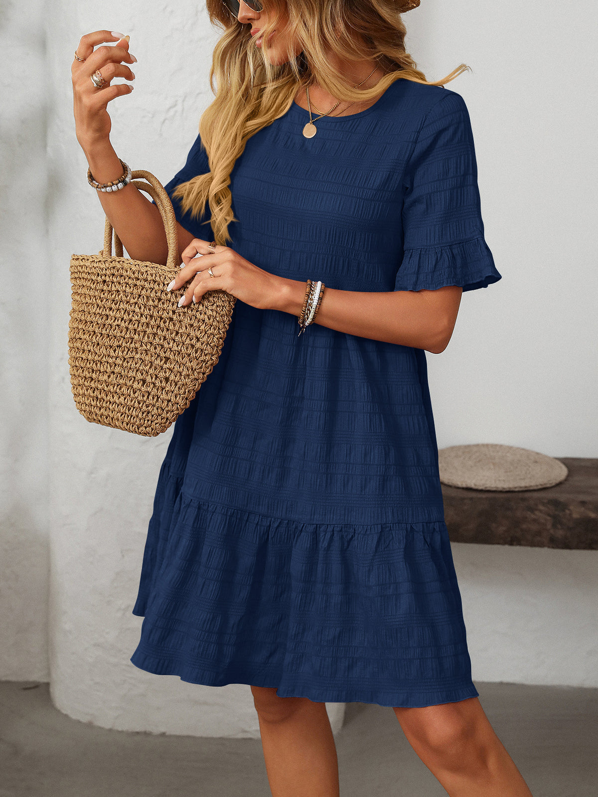 Tiered Ruffle Sleeve Mini Swing Dress - Navyblue
