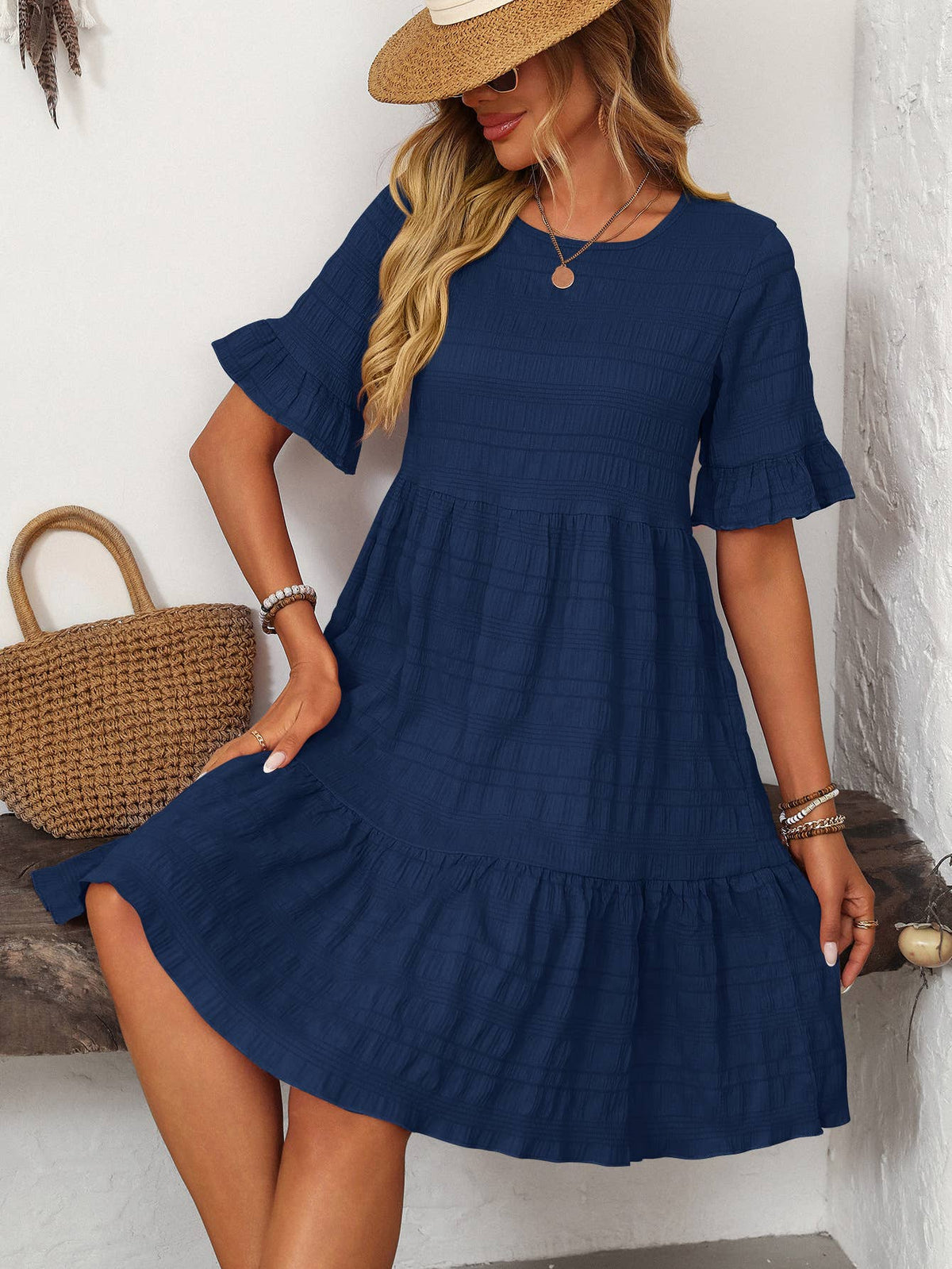 Tiered Ruffle Sleeve Mini Swing Dress