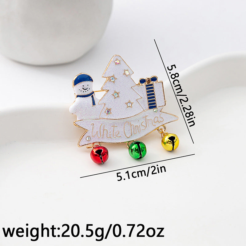 Snowman Tree Jingle Bell Charm Brooch - White