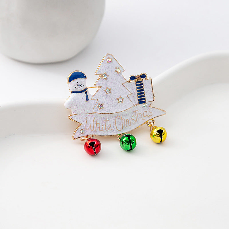 Snowman Tree Jingle Bell Charm Brooch - White - 2