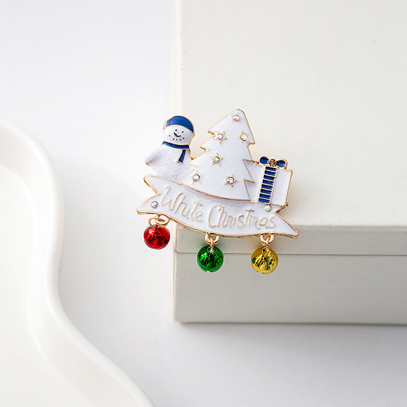 Snowman Tree Jingle Bell Charm Brooch - White - 3