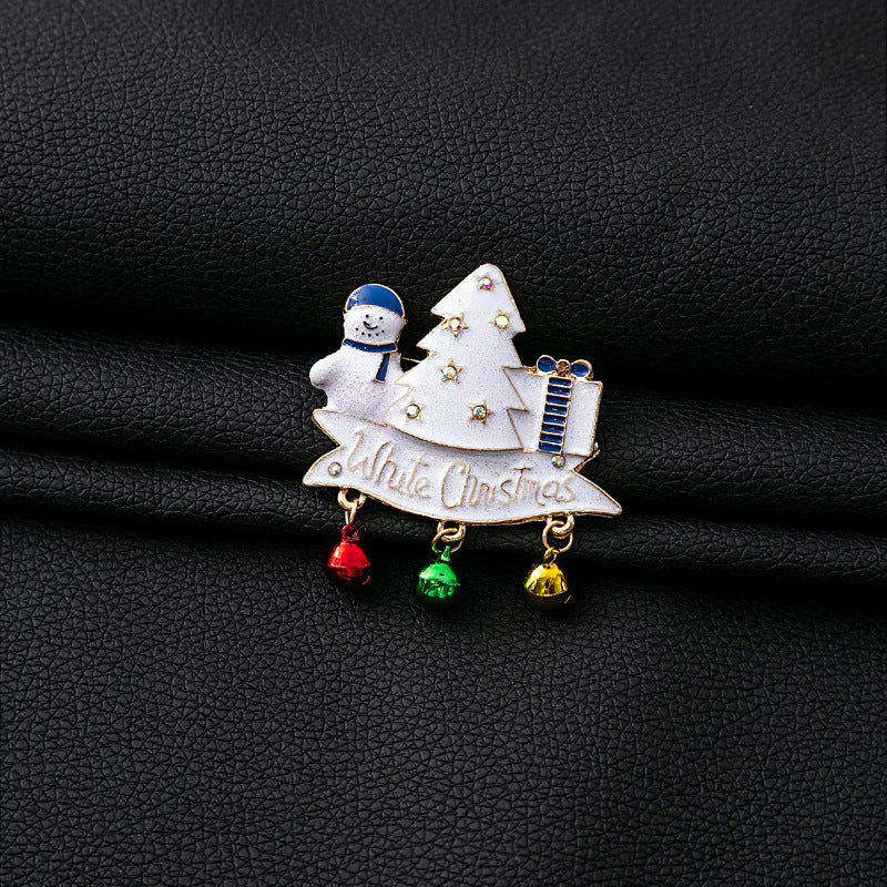 Snowman Tree Jingle Bell Charm Brooch - White - 4