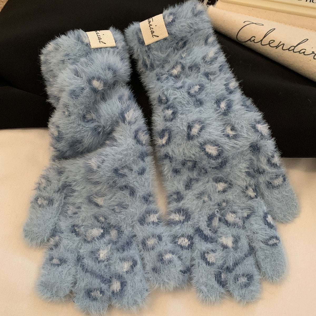 Fuzzy Leopard Print Knit Gloves - Blue