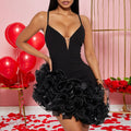 Rosette Ruffle Hem Plunge Bodycon Mini Dress - Black