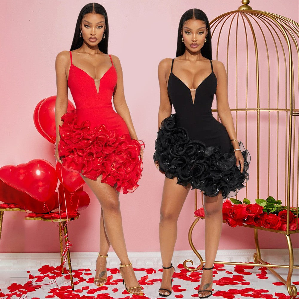 Rosette Ruffle Hem Plunge Bodycon Mini Dress