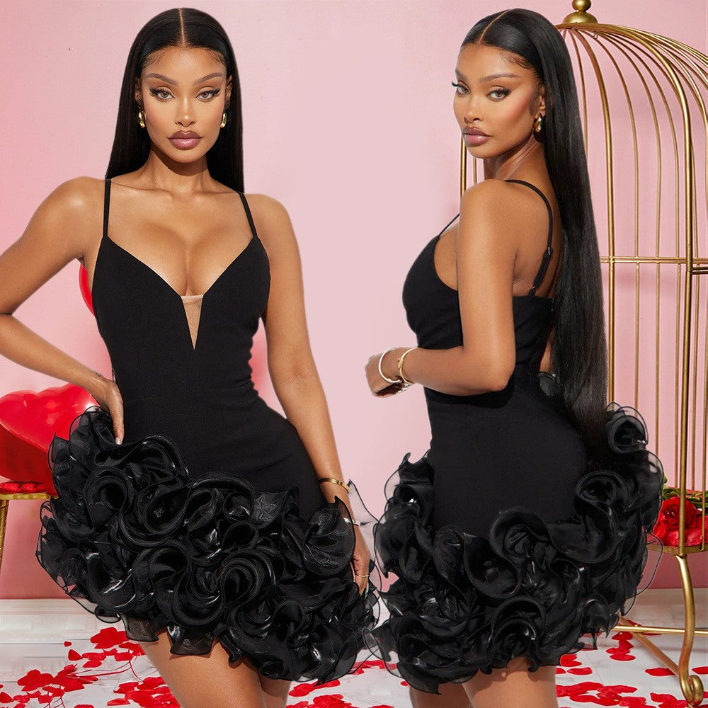 Rosette Ruffle Hem Plunge Bodycon Mini Dress