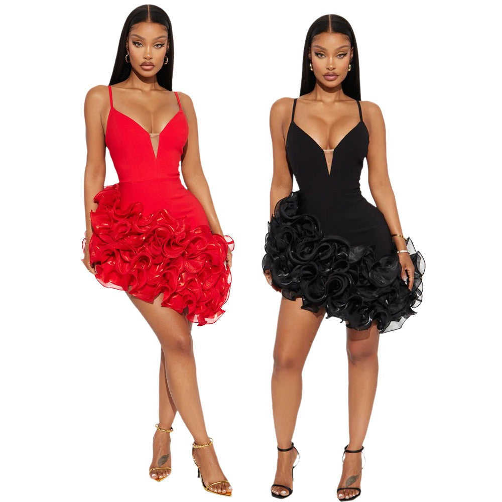 Rosette Ruffle Hem Plunge Bodycon Mini Dress