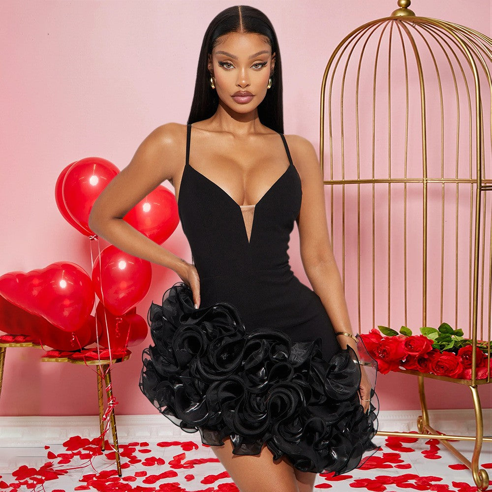 Rosette Ruffle Hem Plunge Bodycon Mini Dress