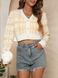 Check Knit Cropped Button Cardigan - Yellow
