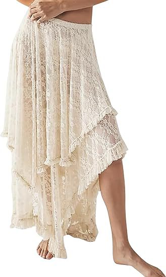 Tiered Lace High Low Maxi Skirt - Apricot
