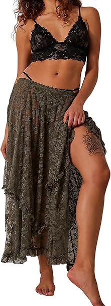 Tiered Lace High Low Maxi Skirt - ArmyGreen