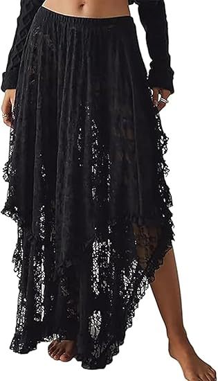 Tiered Lace High Low Maxi Skirt - Black