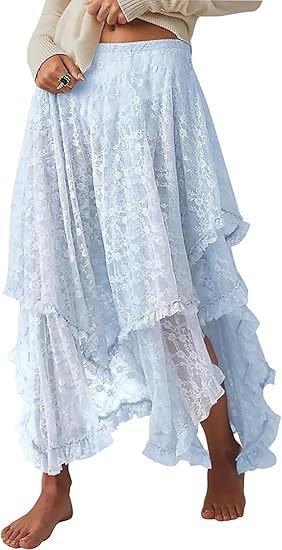 Tiered Lace High Low Maxi Skirt - Blue