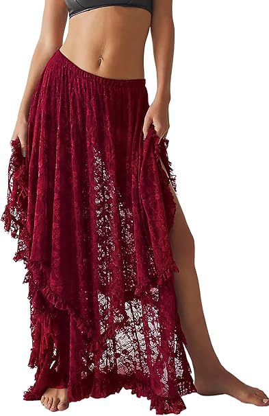Tiered Lace High Low Maxi Skirt - Red