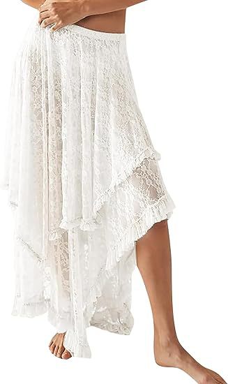 Tiered Lace High Low Maxi Skirt - White