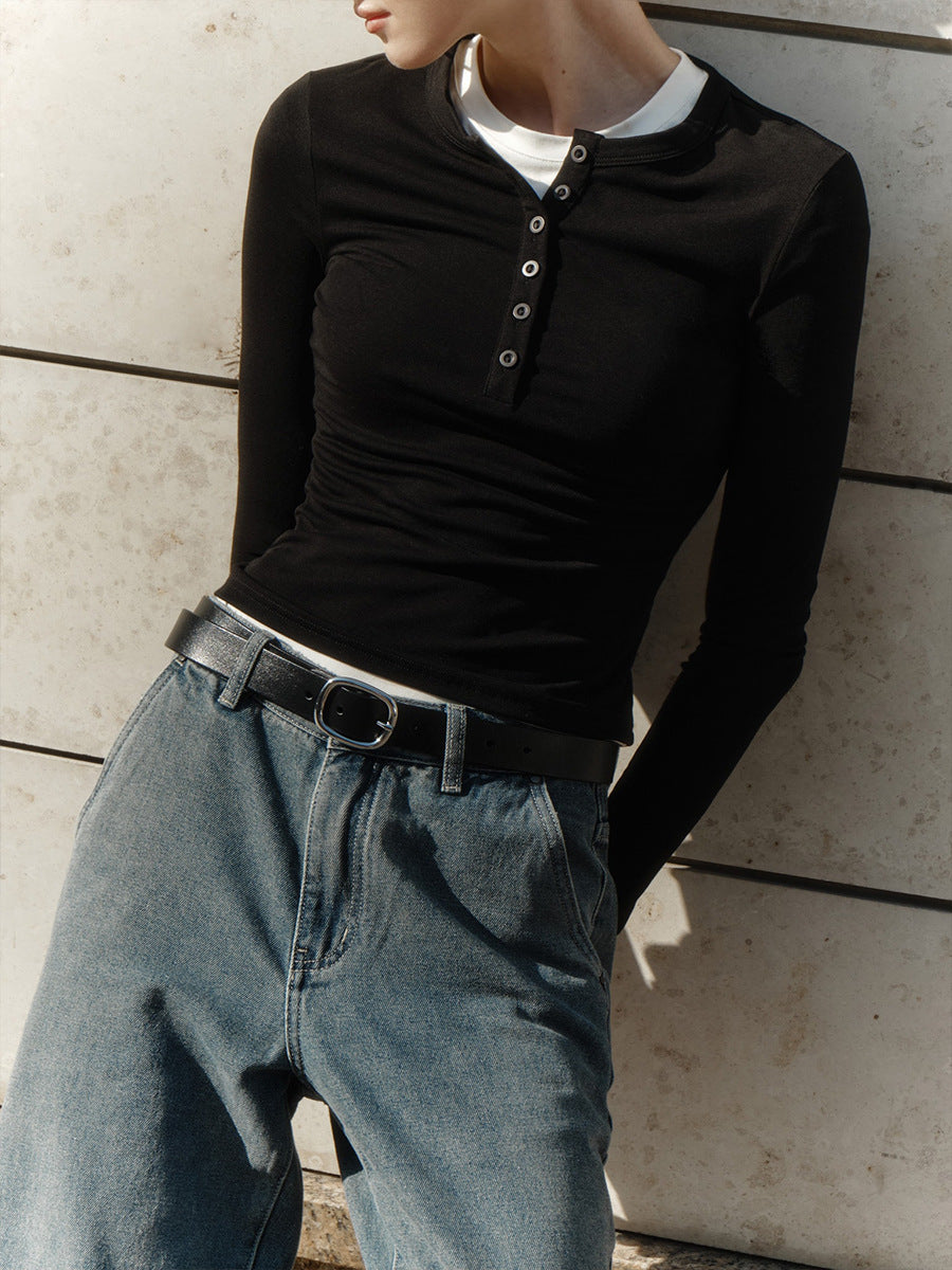 Slim Ribbed Henley Long Sleeve Top - Black