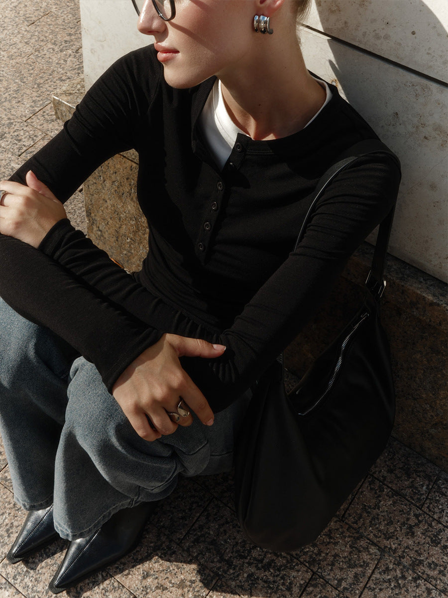 Slim Ribbed Henley Long Sleeve Top - Black - 1