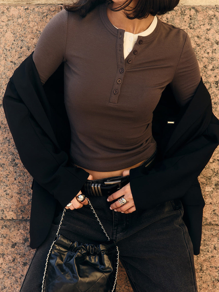 Slim Ribbed Henley Long Sleeve Top - Coffee