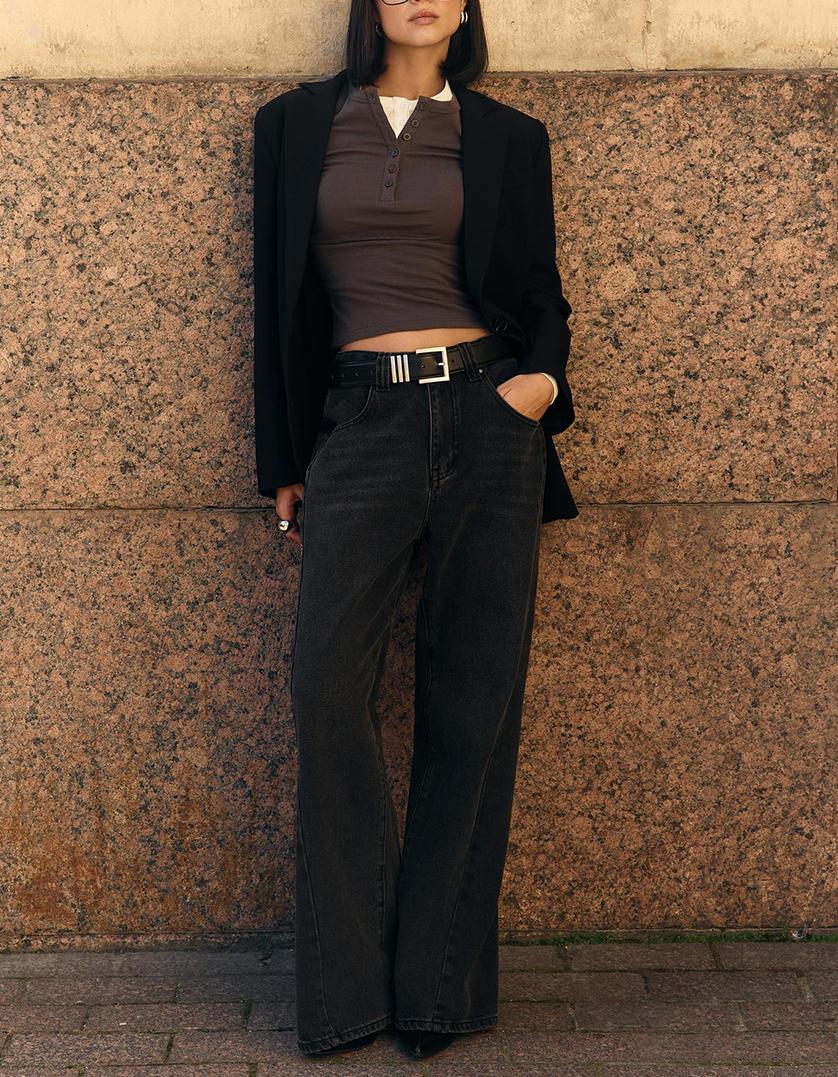 Slim Ribbed Henley Long Sleeve Top - Coffee - 1