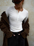 Slim Ribbed Henley Long Sleeve Top - White