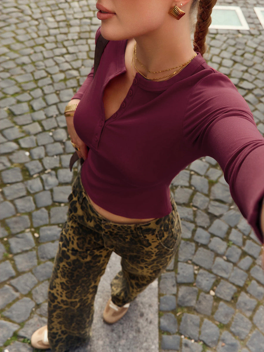 Slim Ribbed Henley Long Sleeve Top - Winered - 1