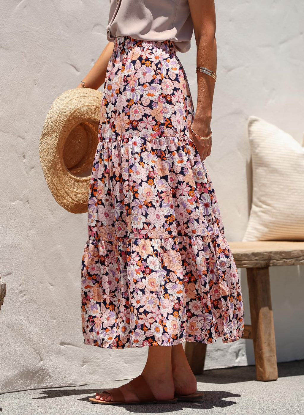 Smocked-Waist Boho Floral Tiered Slit Maxi Skirt - Pink Floral