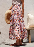 Smocked-Waist Boho Floral Tiered Slit Maxi Skirt - Pink Floral