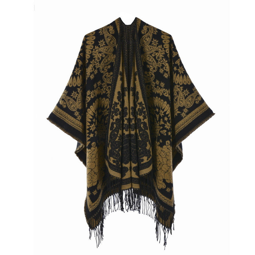 Retro Paisley Fringed Ruana Wrap - yellow