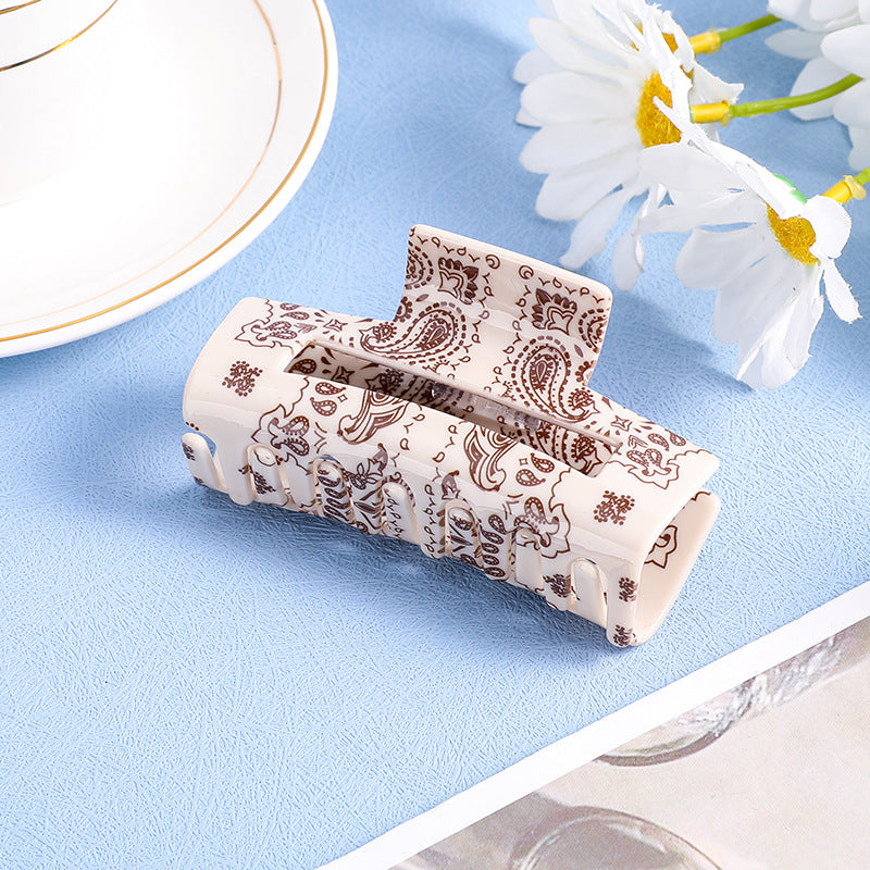Paisley Bandana Print Rectangle Claw Clip - White