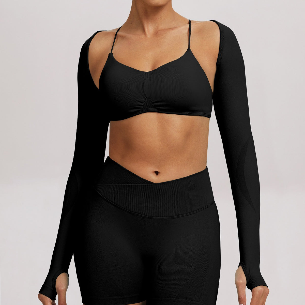 Seamless Cropped Thumbhole Long Sleeve Yoga Shrug - Black