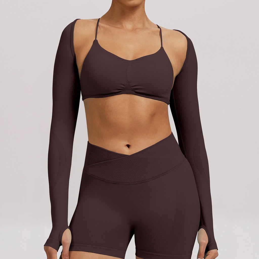 Seamless Cropped Thumbhole Long Sleeve Yoga Shrug - Dark Brown