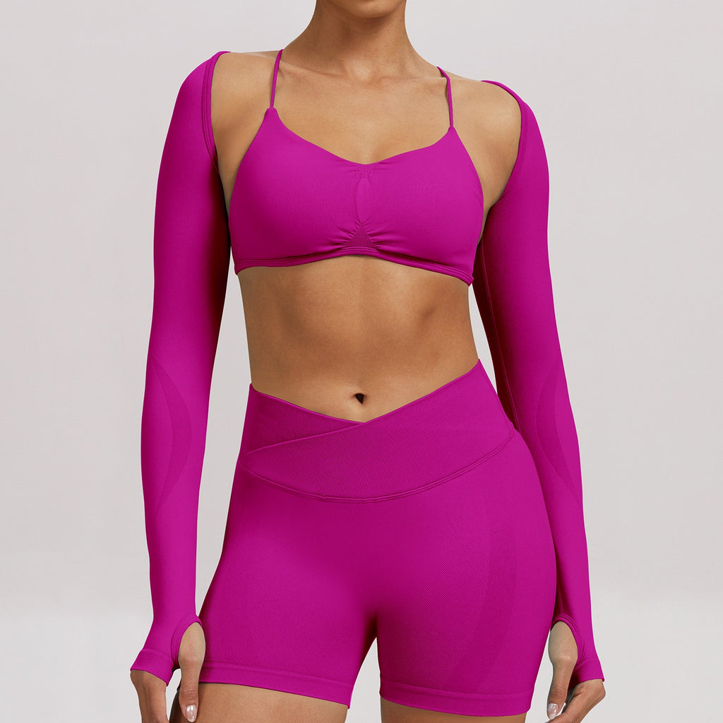 Seamless Cropped Thumbhole Long Sleeve Yoga Shrug - Fuchsia