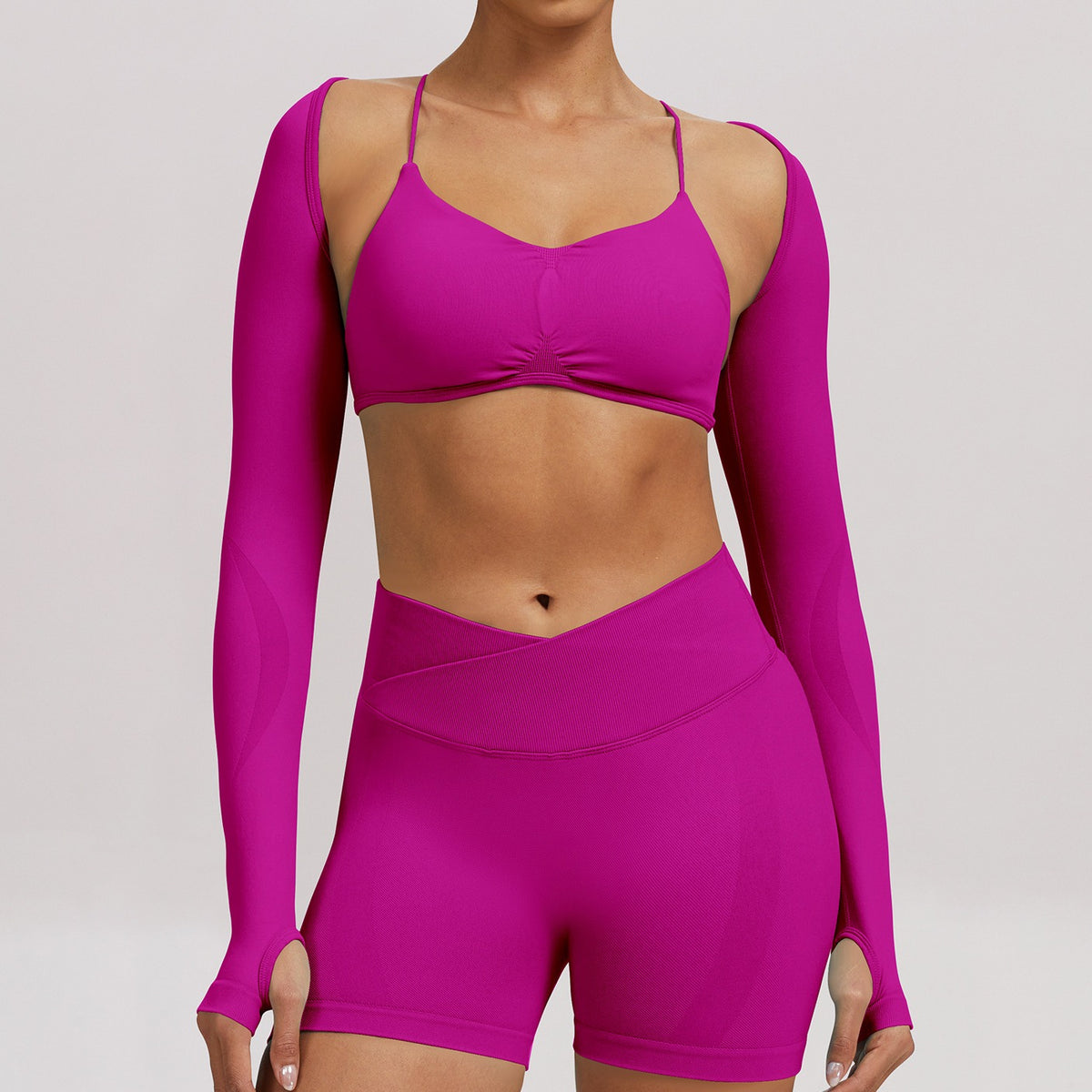 Seamless Cropped Thumbhole Long Sleeve Yoga Shrug - Fuchsia