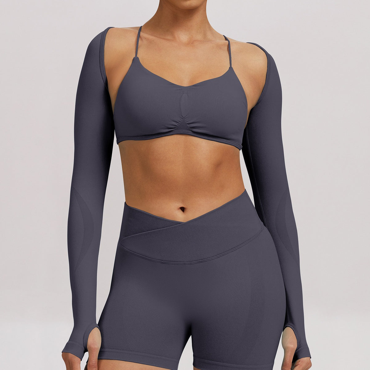 Seamless Cropped Thumbhole Long Sleeve Yoga Shrug - Slate Gray