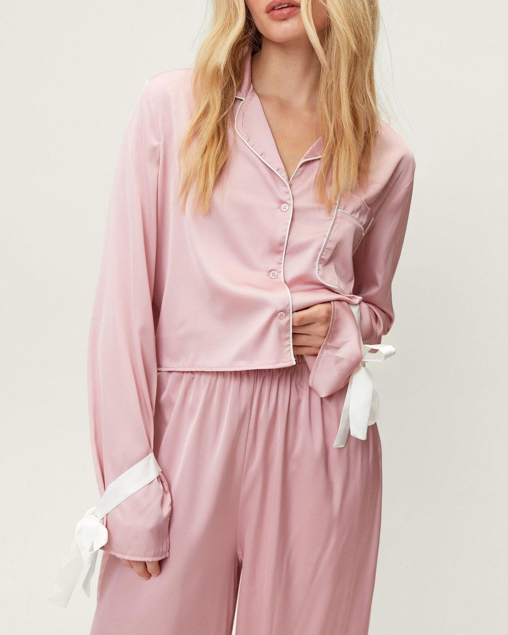 Ribbon Tie Cuff Satin Pajama Set - Pink - 1