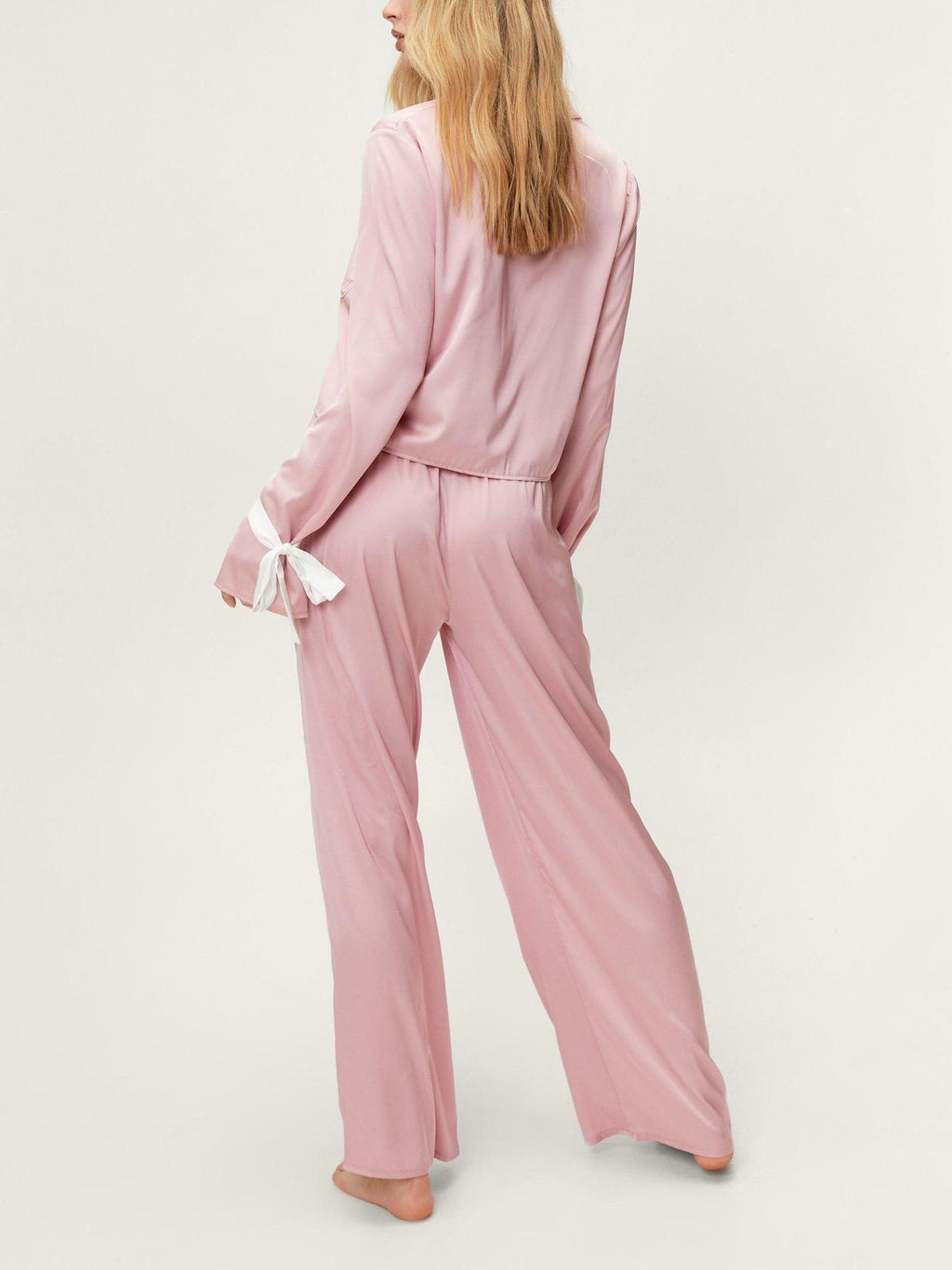Ribbon Tie Cuff Satin Pajama Set - Pink - 2