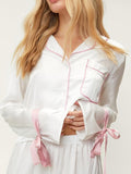 Ribbon Tie Cuff Satin Pajama Set - White