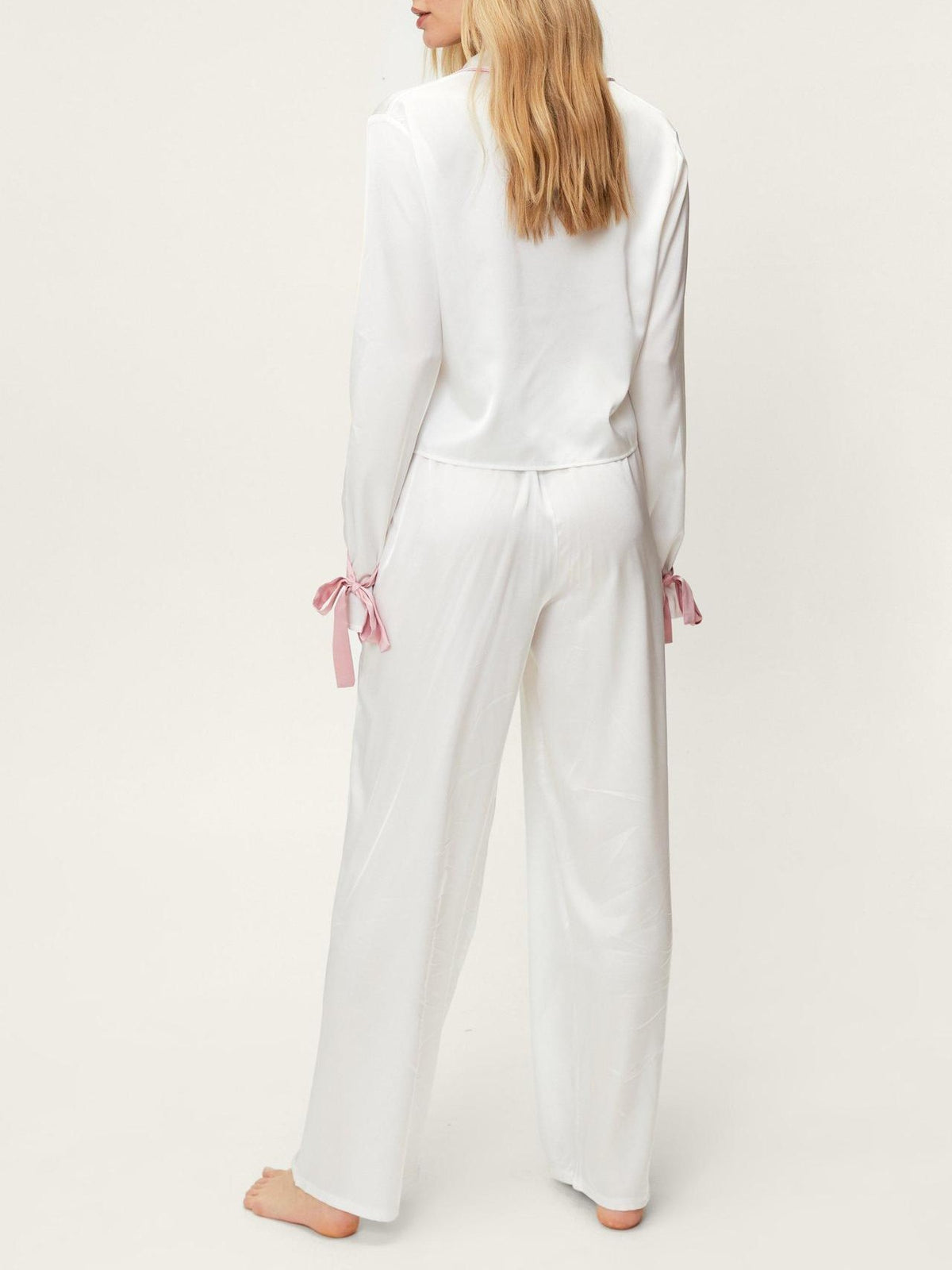 Ribbon Tie Cuff Satin Pajama Set - White - 2
