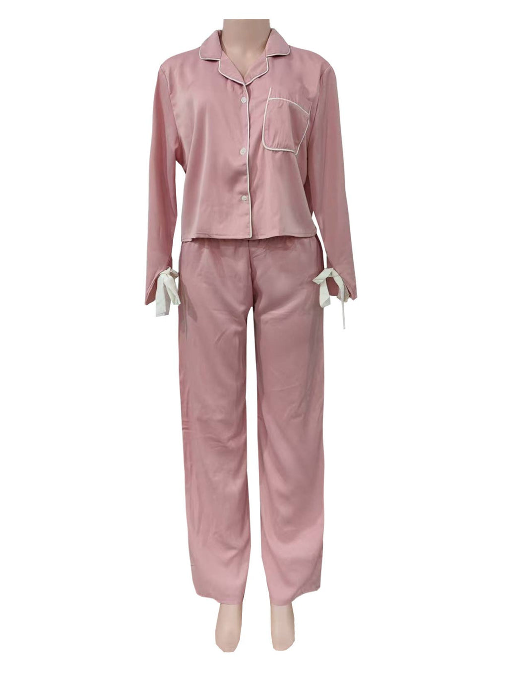 Ribbon Tie Cuff Satin Pajama Set