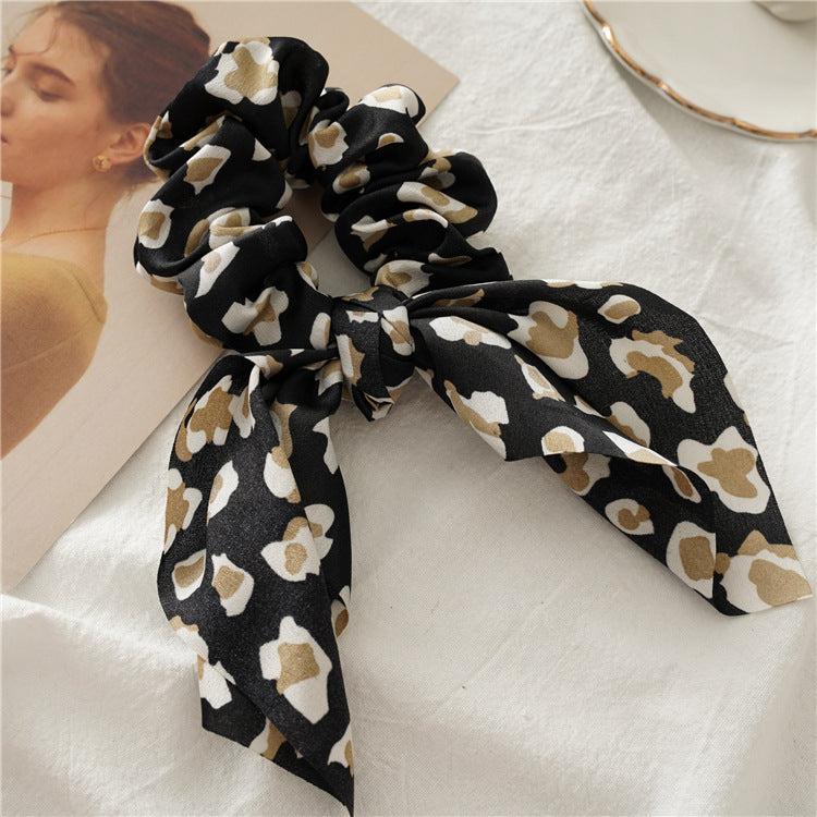 Leopard Print Bow Tail Scrunchie - Black