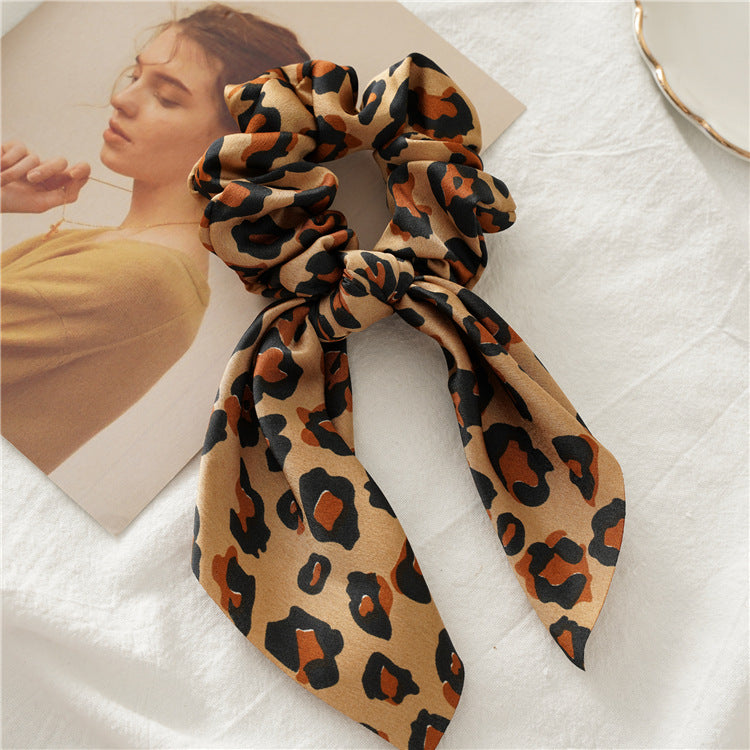Leopard Print Bow Tail Scrunchie - Coffee