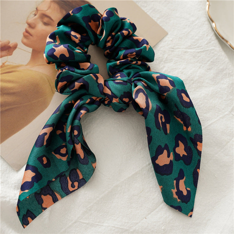Leopard Print Bow Tail Scrunchie - Green
